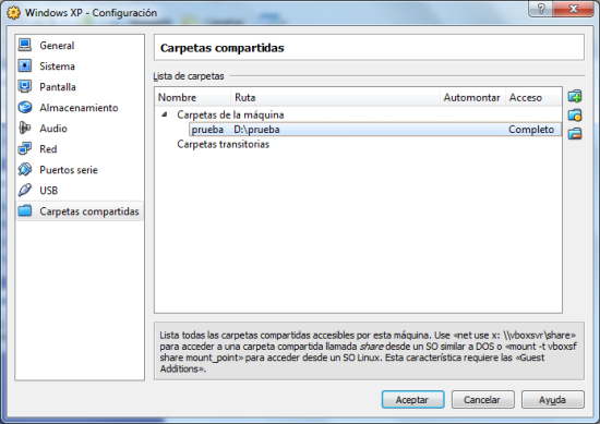 Carpeta compartida en VirtualBox.