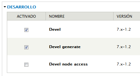 Activación del módulo de desarrollo.