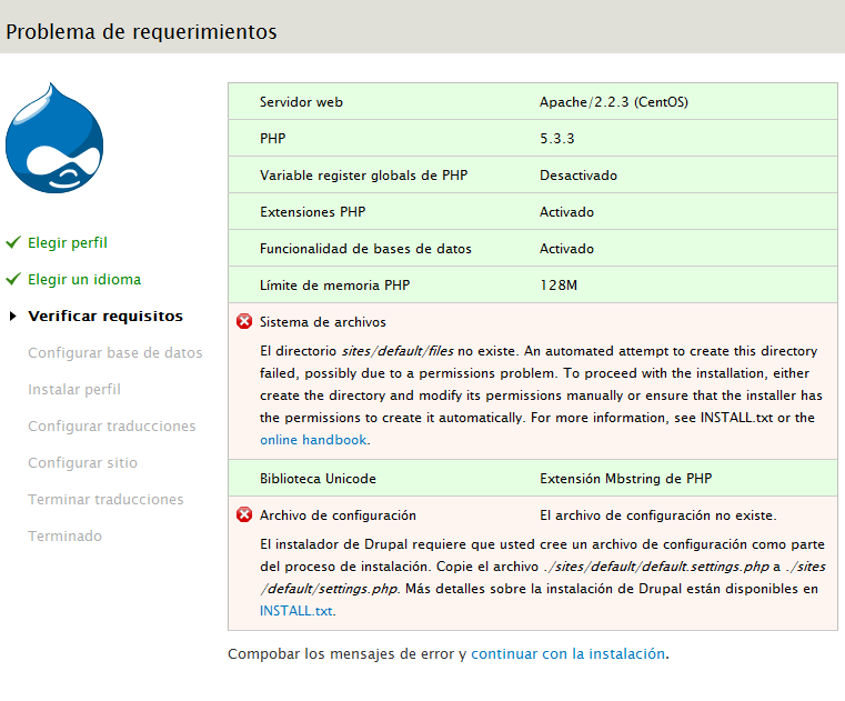 Error en los requisitos de la instalación.