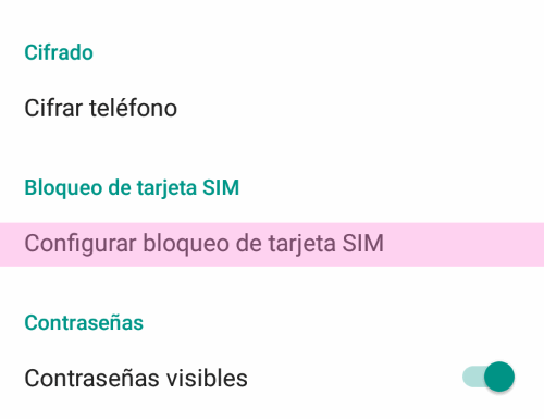 Pantalla con la selección de configuración de bloqueo de la tarjeta SM.