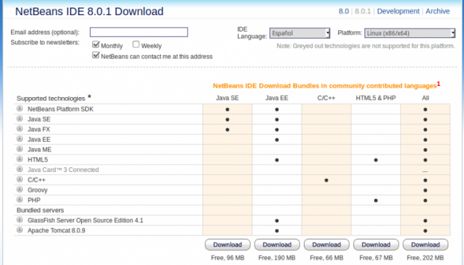 Pantalla con las diferentes opciones de descarga de Netbeans.