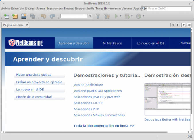Pantalla de NetBeans funcionando y que indica que se trata de la última versión.
