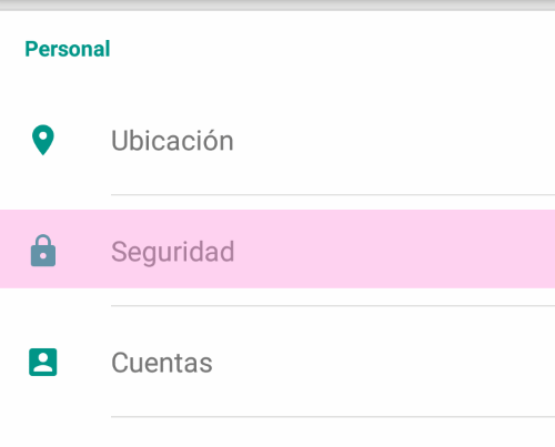Pantalla con la opción de selección de Seguridad.
